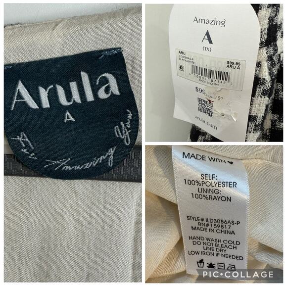 New Arula 1X Black White Gingham Plaid Babydoll Mini Dress Puff Sleeve Preppy - Picture 13 of 13